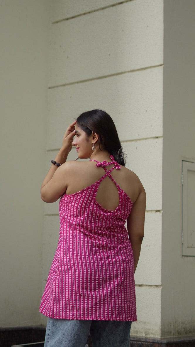 Pink Strappy Short Cotton Kurti