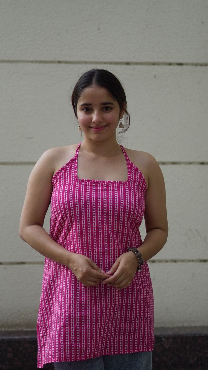 Pink Strappy Short Cotton Kurti