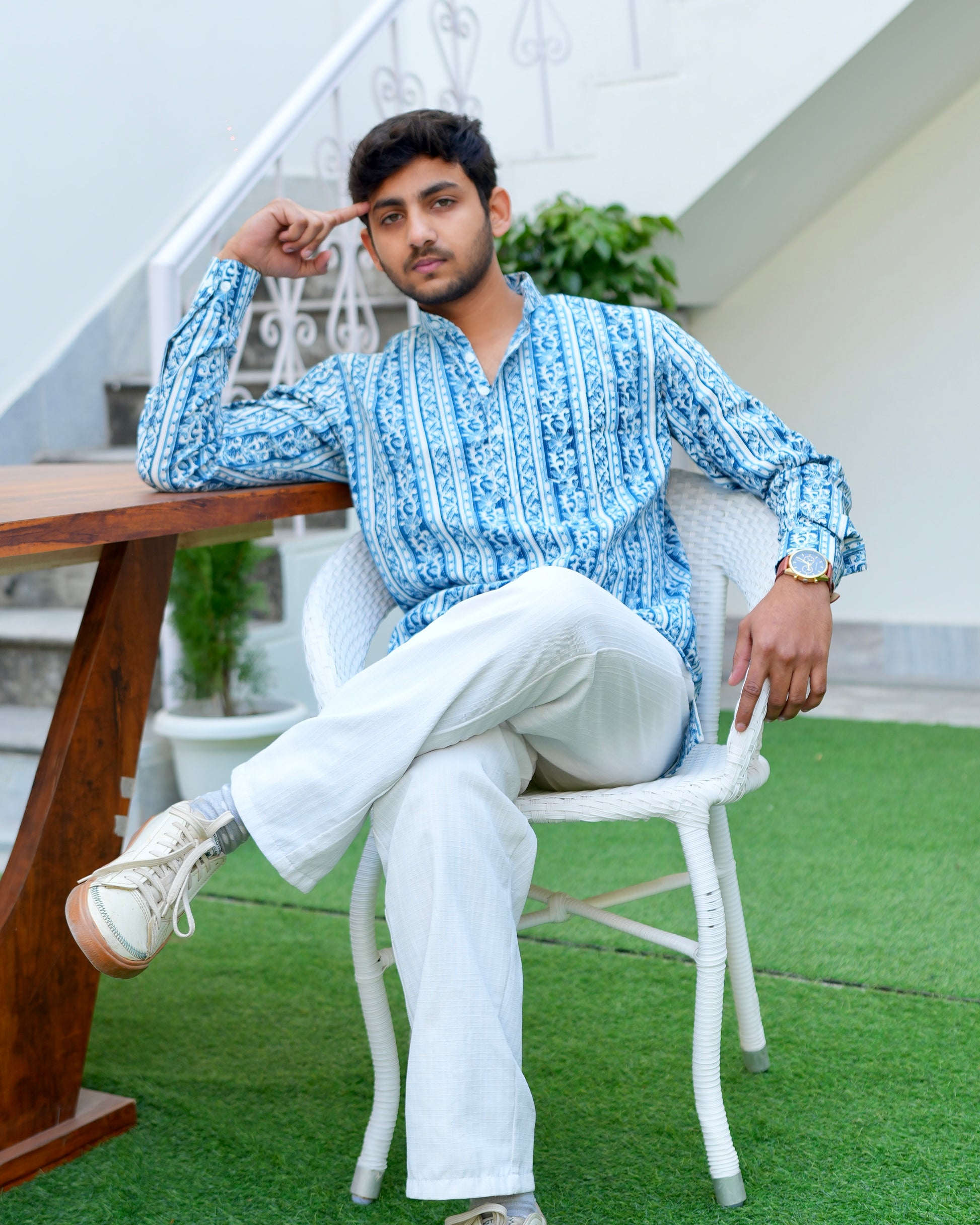 Neel - Blue & white printed short kurta for men