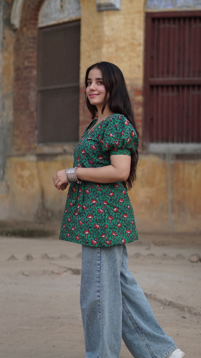 Floral Puff Sleeve Casual Cotton Kurti
