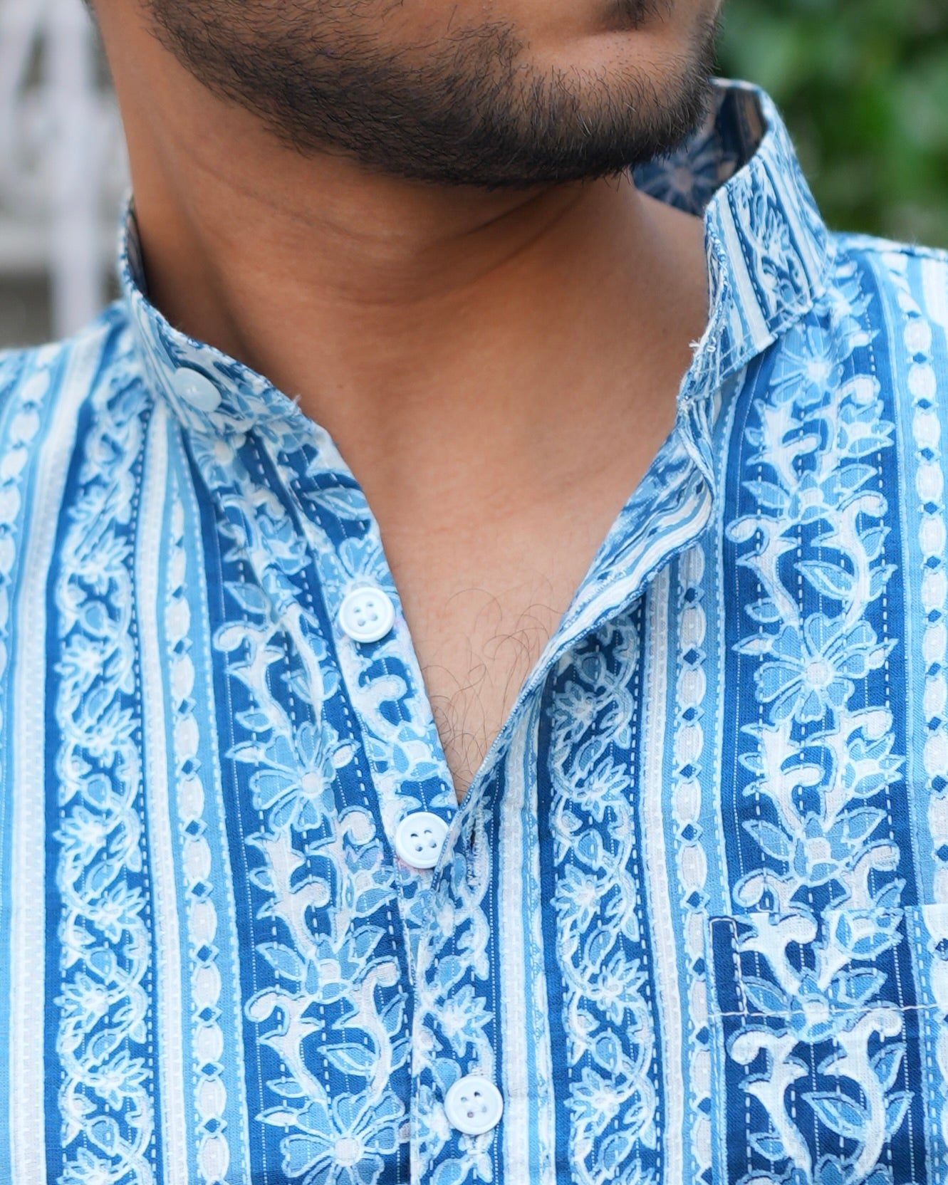 Neel - Blue & white printed short kurta for men