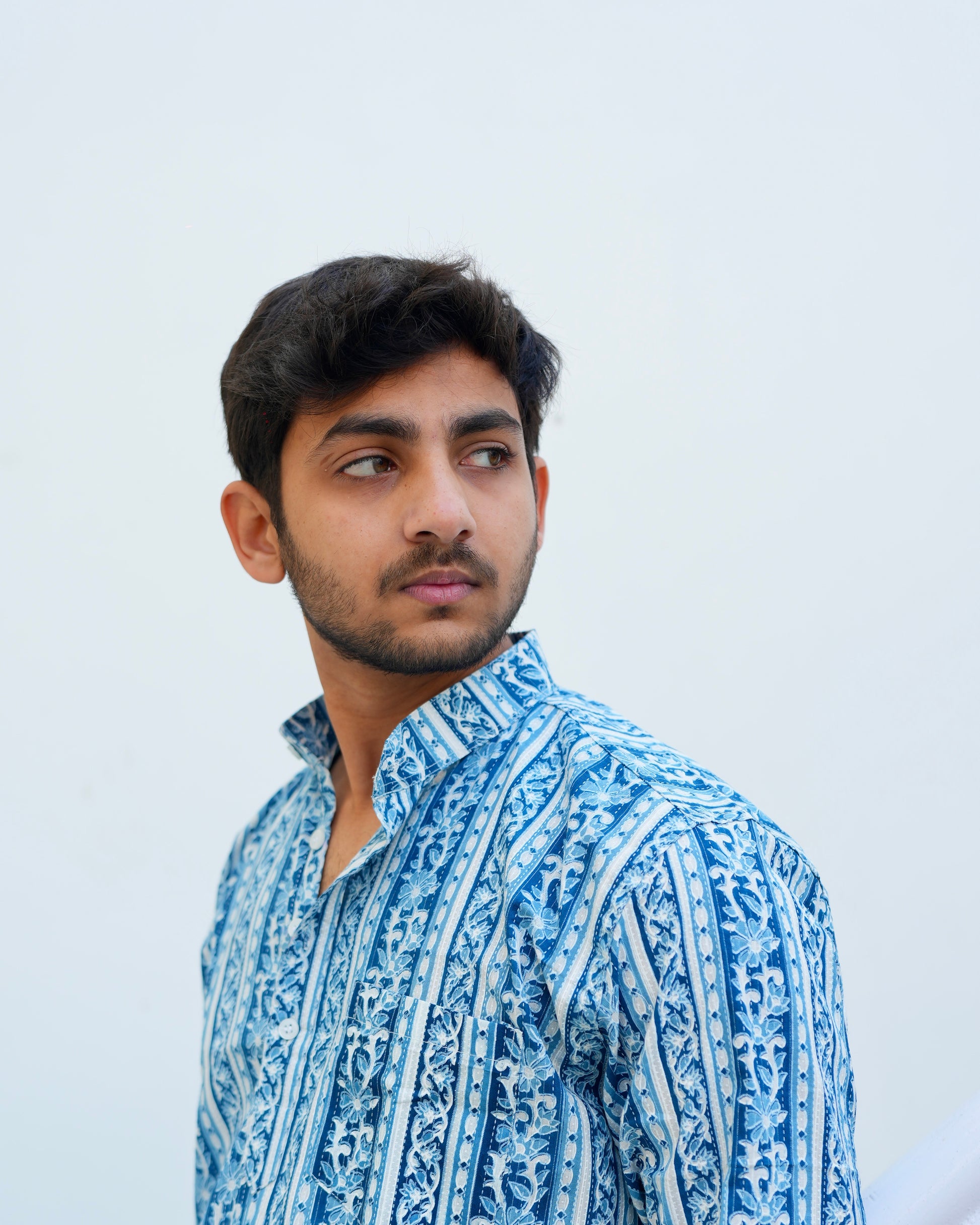 Neel - Blue & white printed short kurta for men