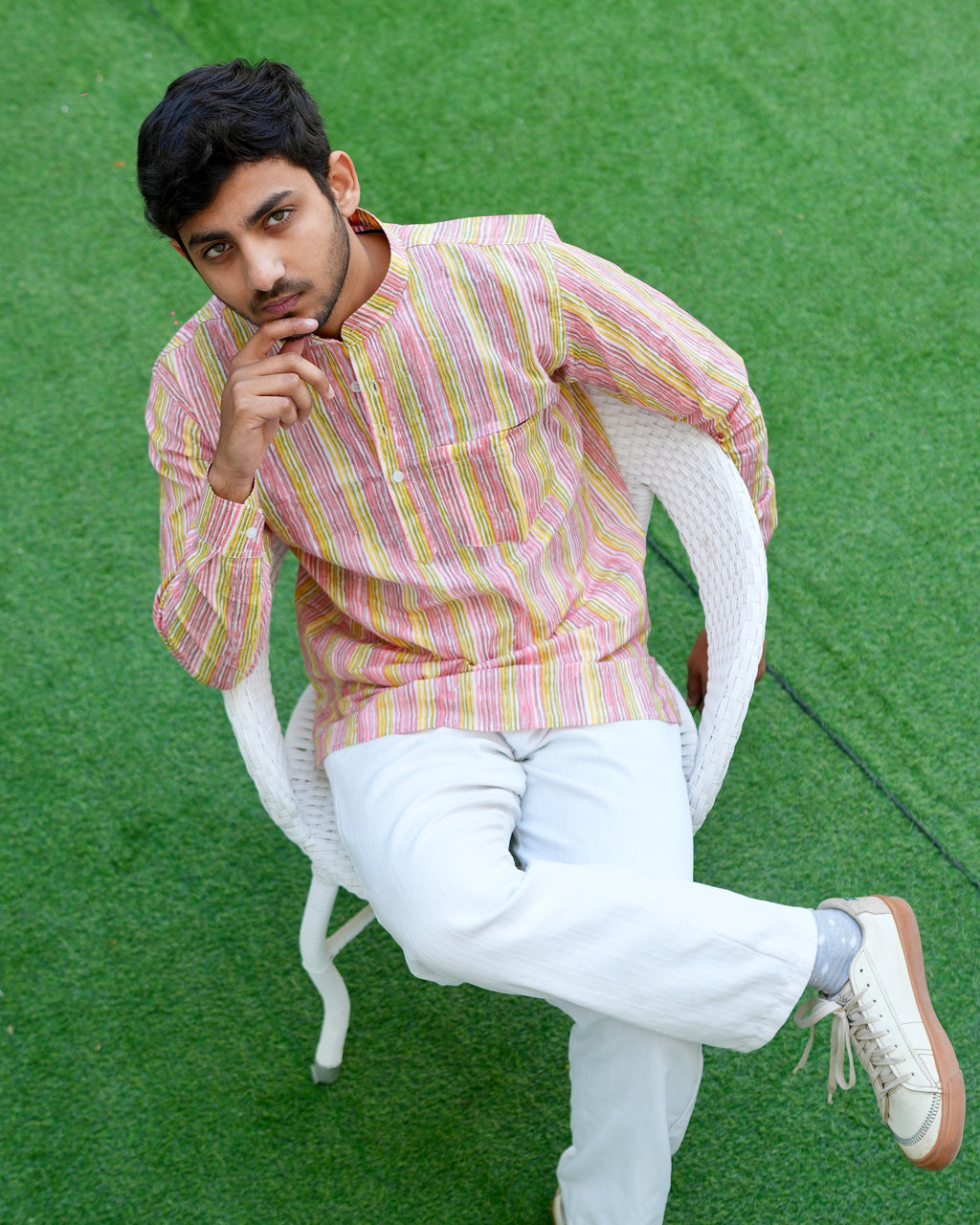 Gulrang - Pastel stripe short kurta for men
