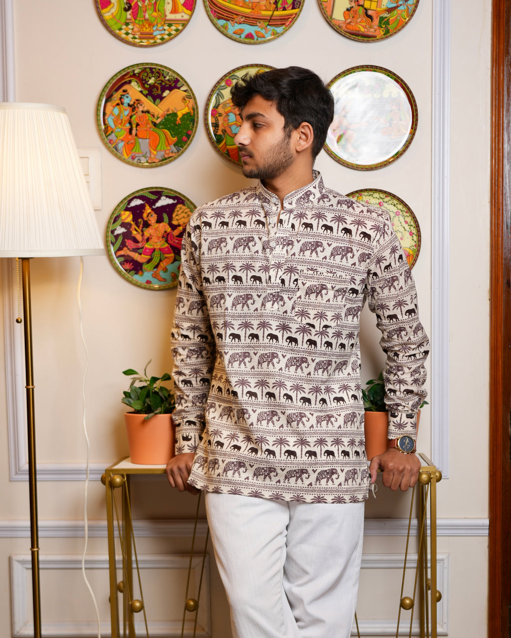 Gajvan - White printed short kurta for men