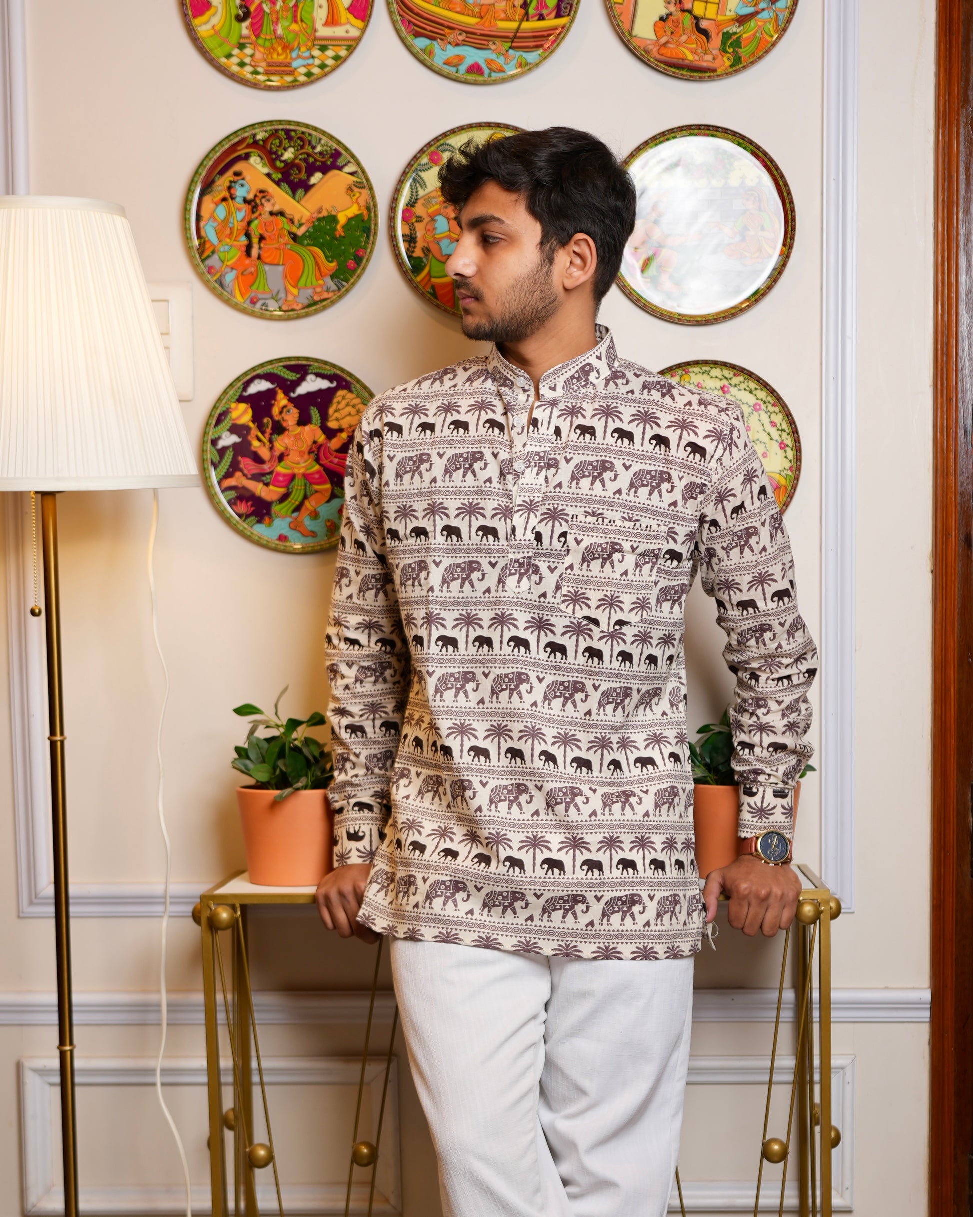 Gajvan - White printed short kurta for men