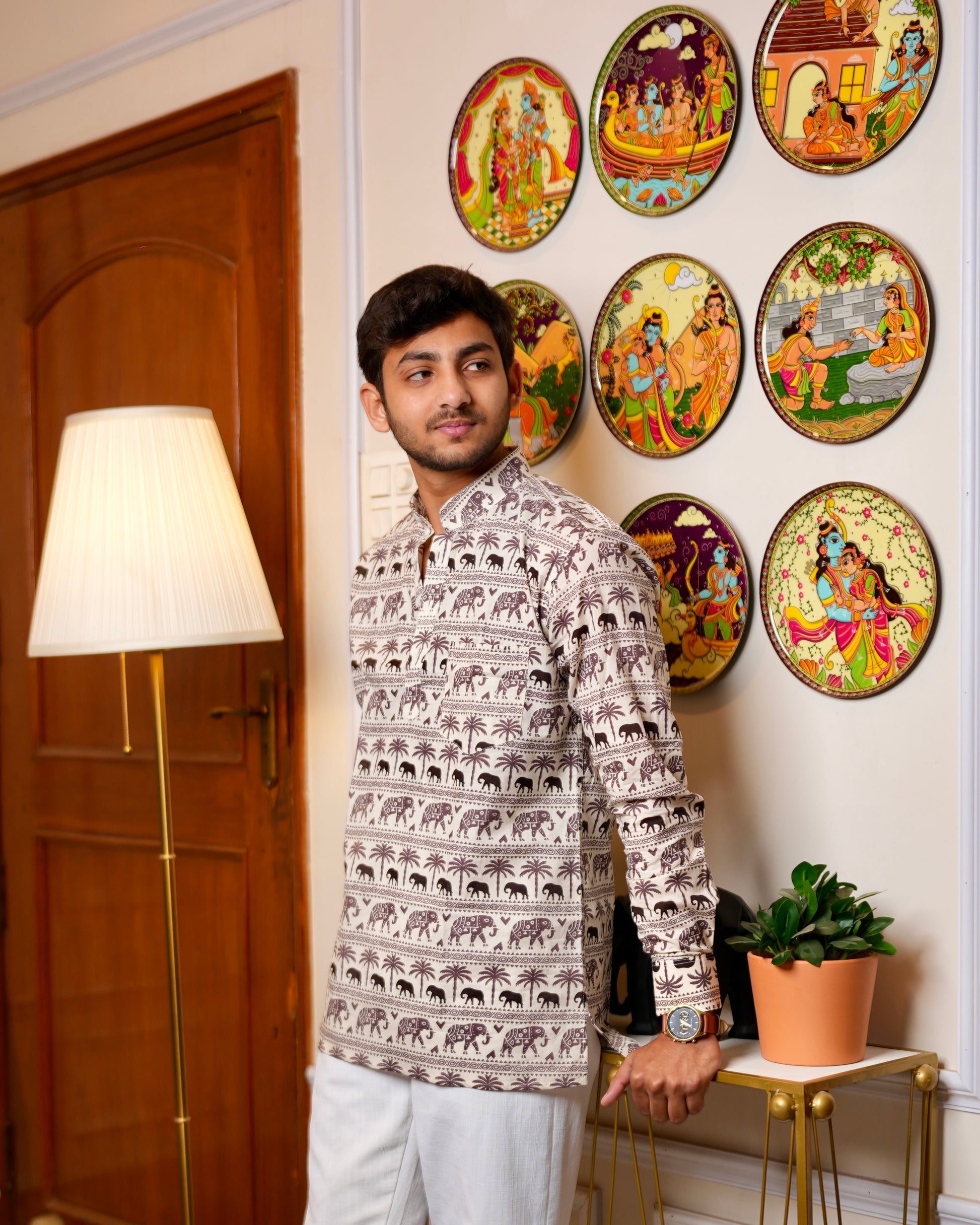 Gajvan - White printed short kurta for men