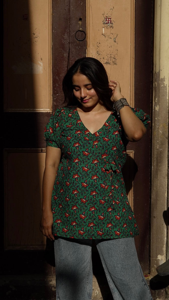 Floral Puff Sleeve Casual Cotton Kurti