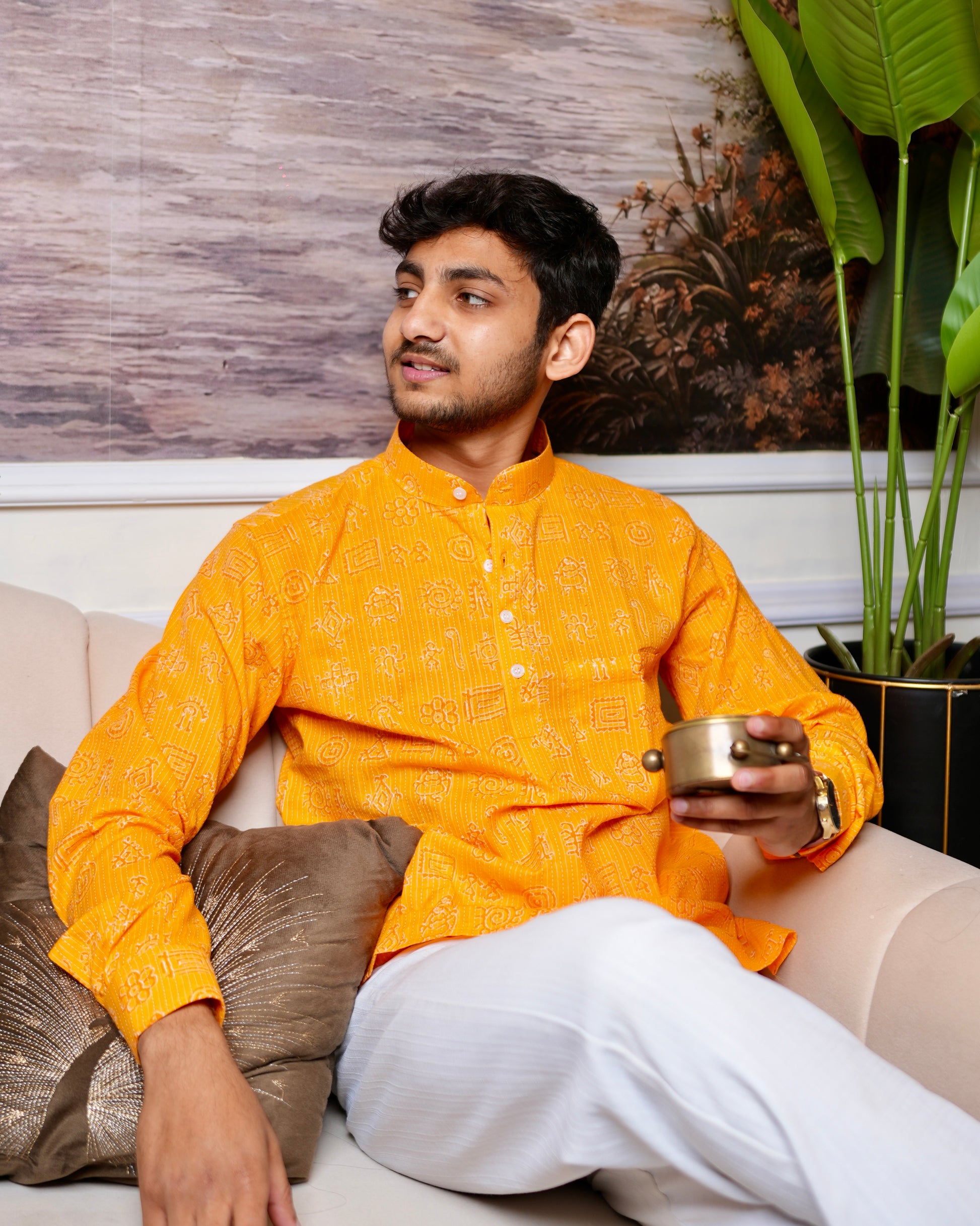 Utsav - Yellow festive short kurta for men