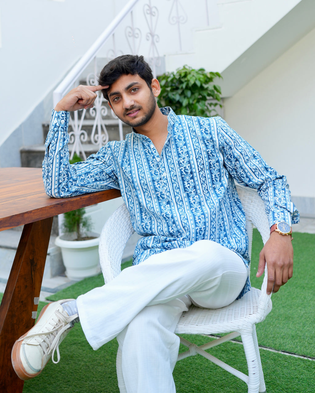 Neel - Blue & white printed short kurta for men